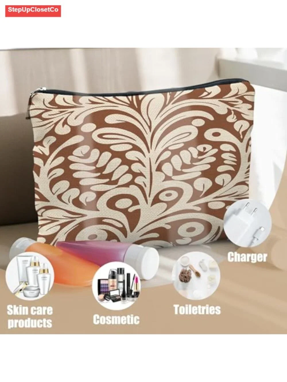 Boho Floral Canvas Makeup Bag Travel Toiletry Pouch Linen Zipper Organizer for